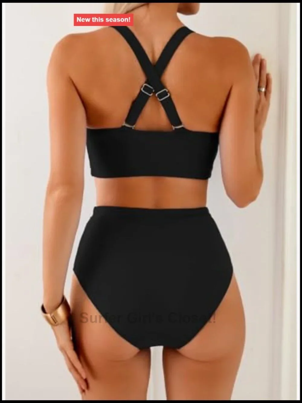 High Waisted Bikini Sets Crisscross Back V Neck Metal Ring Summer Bathing Suit